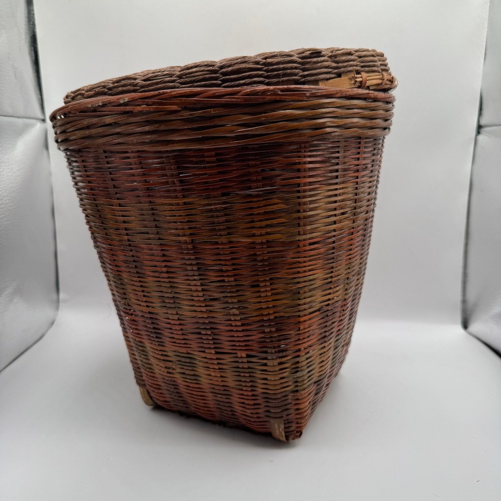 Woven Wicker Basket Trash Can Brown Rustic Tapered Square Base Lid Read